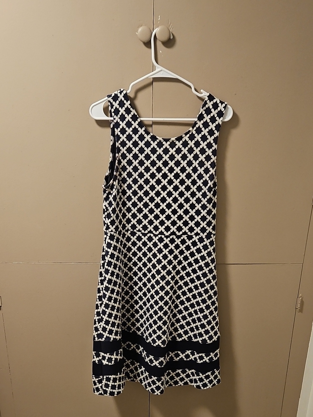 Navy and White Geometric Sleeveless Fit-and-Flare Dress